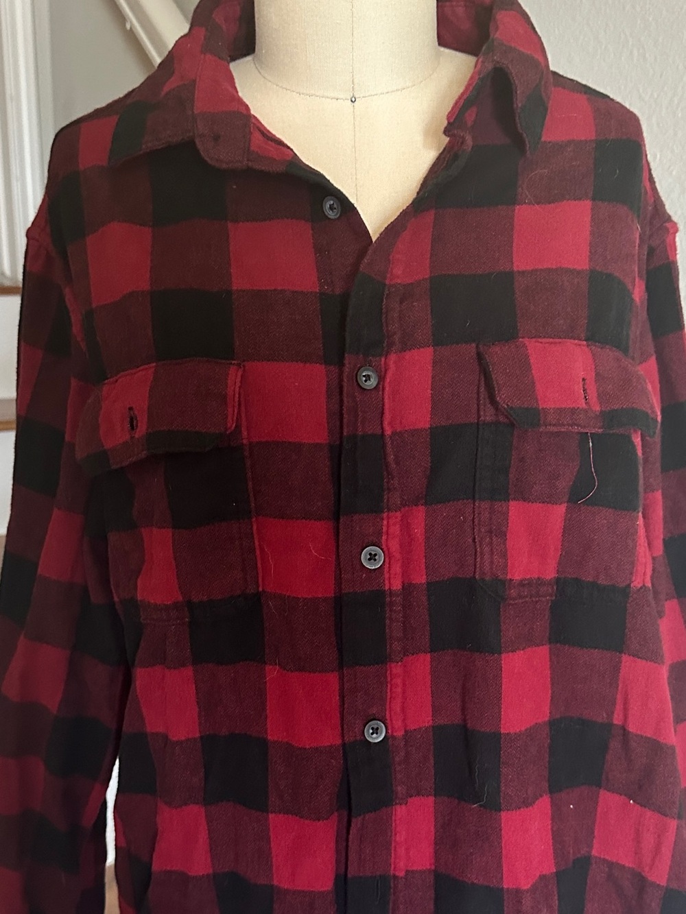 Goodfellow & Co Men's Vintage MidWeight Long Sleeve Flannel Shirt Dark Red Check - Picture 5 of 7